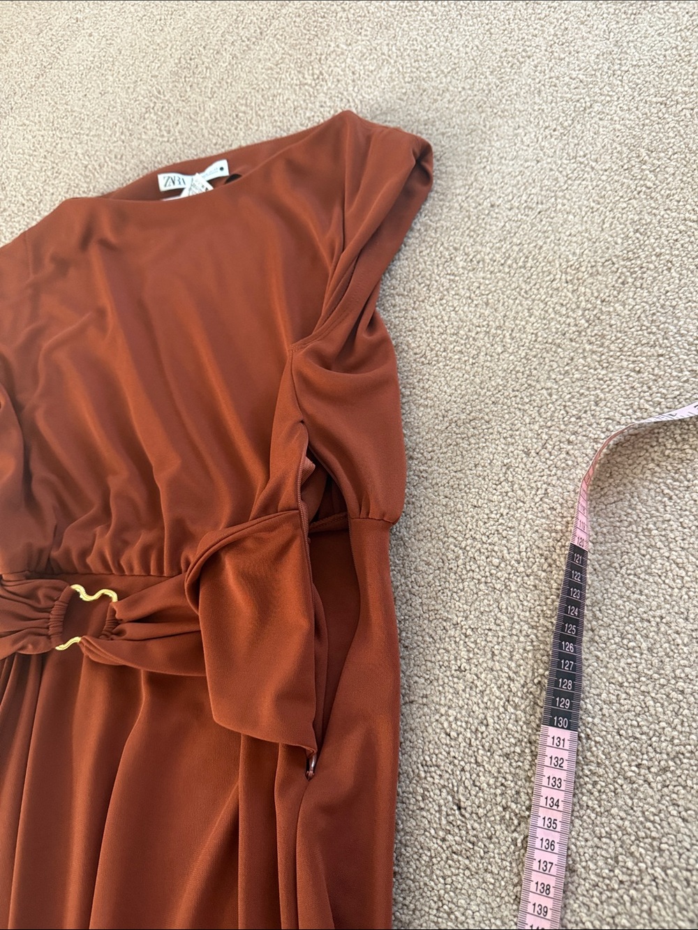 Zara Rust Red-Brown Tobacco Sleeveless Maxi Dress with Draped Waist Ring - Picture 12 of 14